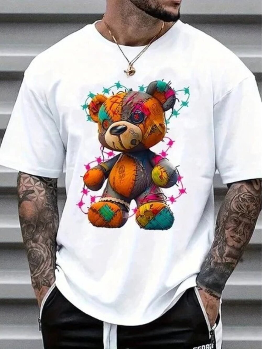 Men's 3D Cartoon Teddy Bear Crew Neck Short Sleeve T-Shirt White L